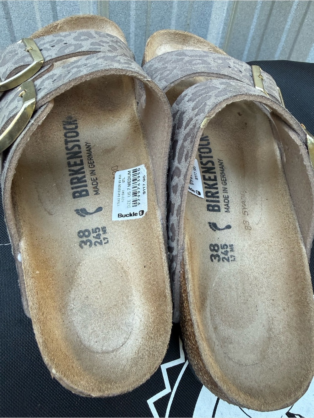 Birkenstock Women's Sandals Taupe Leopard Print with Gold Buckles